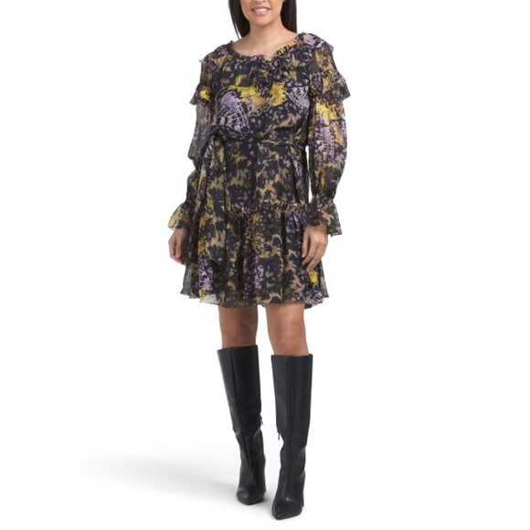 MARCHESA Purple Multi Printed Ruffle Mini Dress